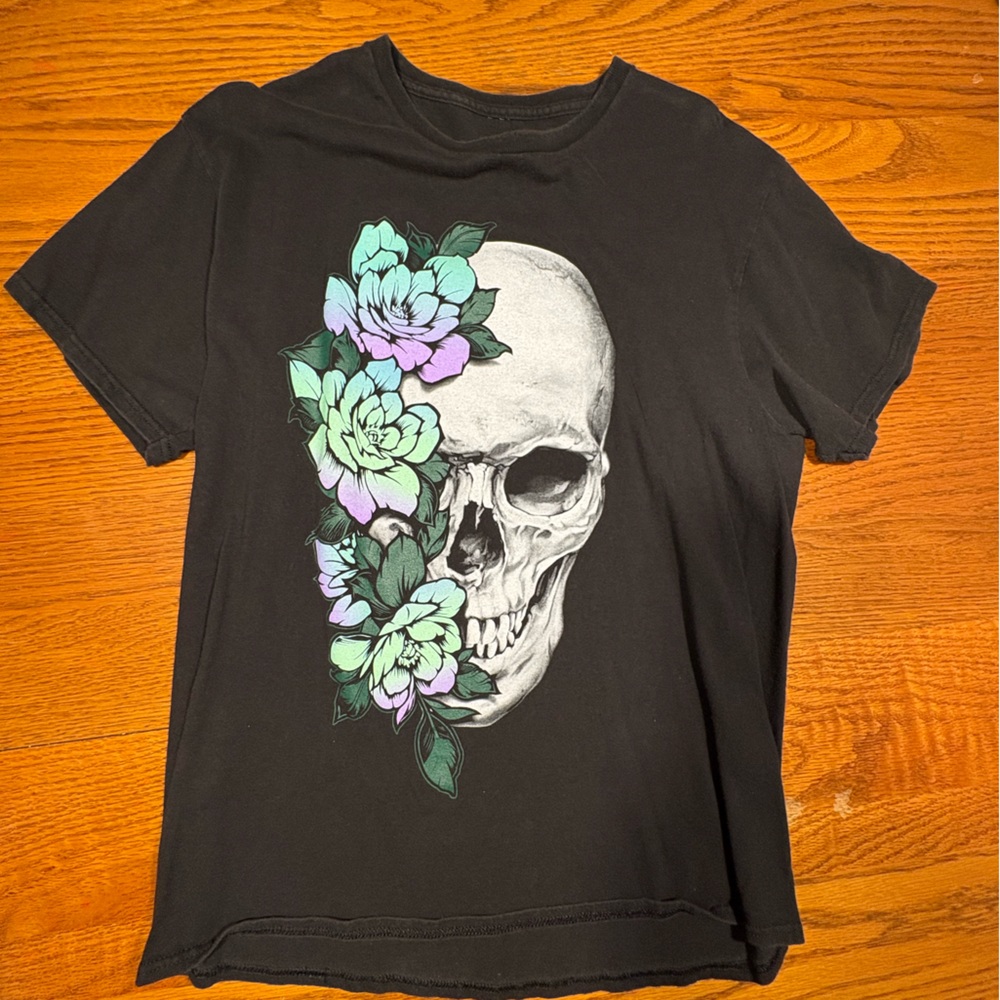 Black T-Shirt with Skull and Floral Design